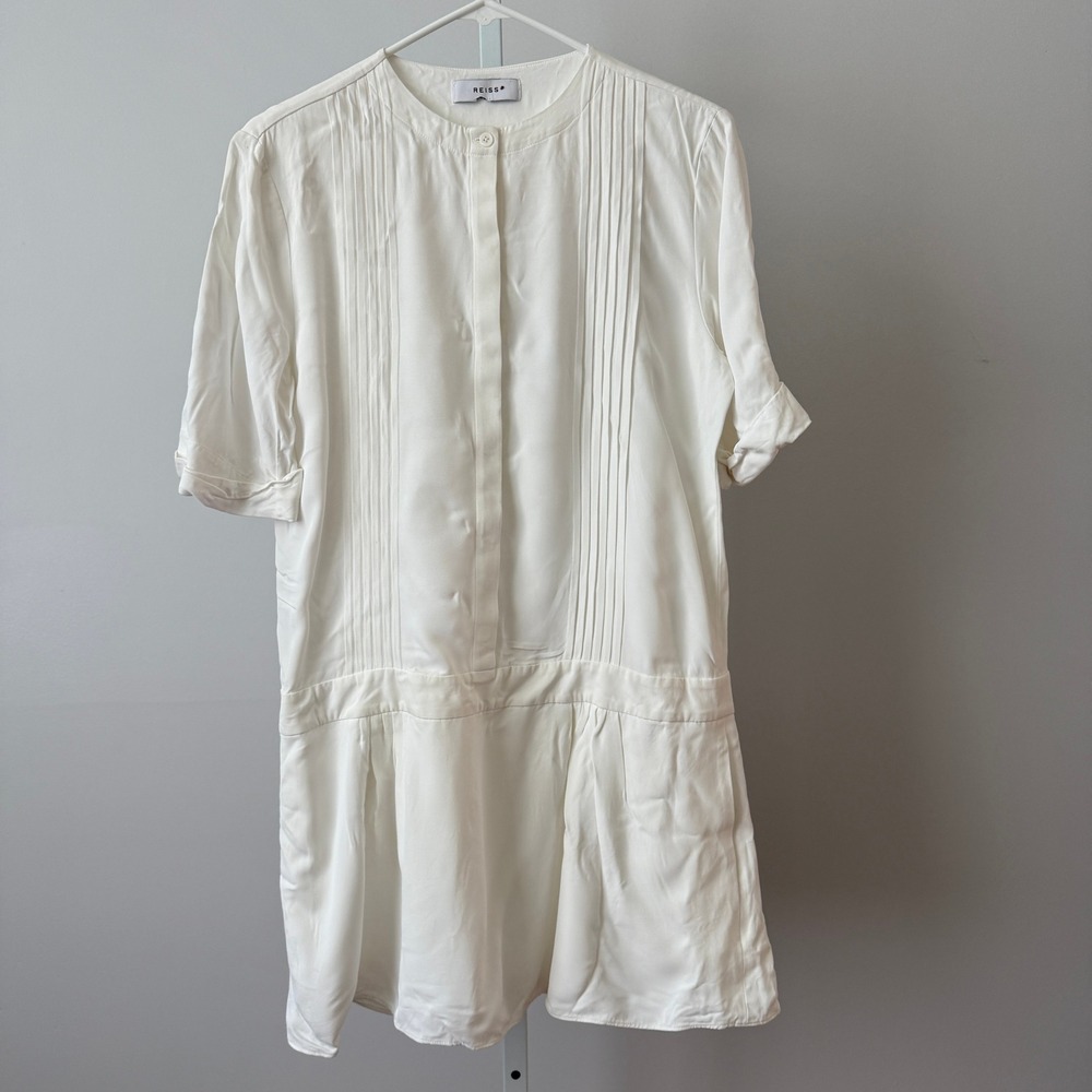 Reiss L White Pleated Drop Waist Mini Dress Preppy Classic Minimalist Academia